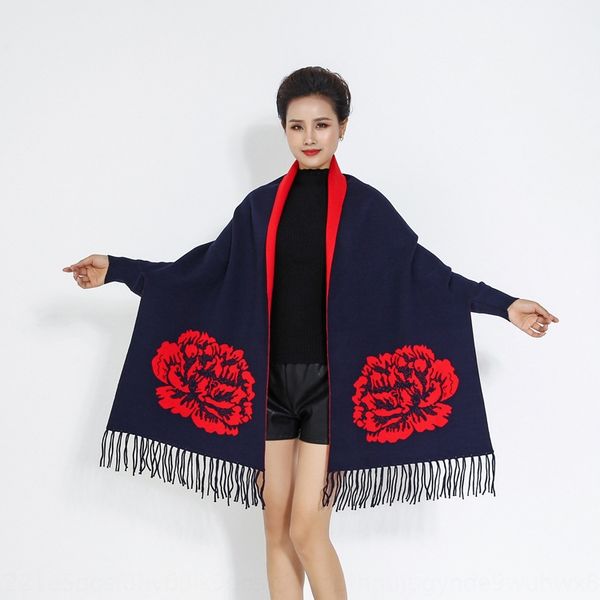 

new double-sided thickened long cloak shawl cloak large flower cashmere shawl with sleeve bat coat, Blue;gray