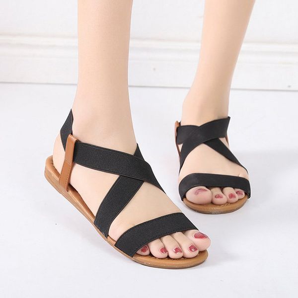 

women's sandals spring summer ladies shoe anti skidding beach shoes peep-toe casual walking flat sandalias female, Black