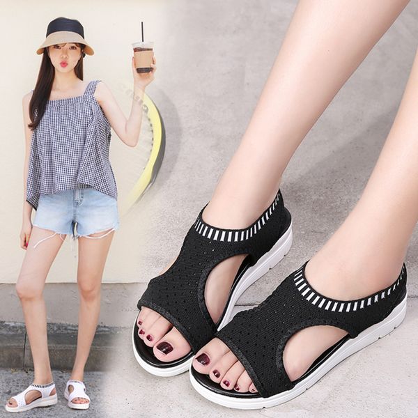 

summer women sandals plus size new wedge shoes women slip on breathable mesh fabric flat wedges beach sandals, Black