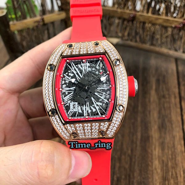 

edition rm 010 skeleton dial rose gold diamond case japan miyota automatic movement rm 010 mens watch white rubber strap sport watches, Slivery;brown