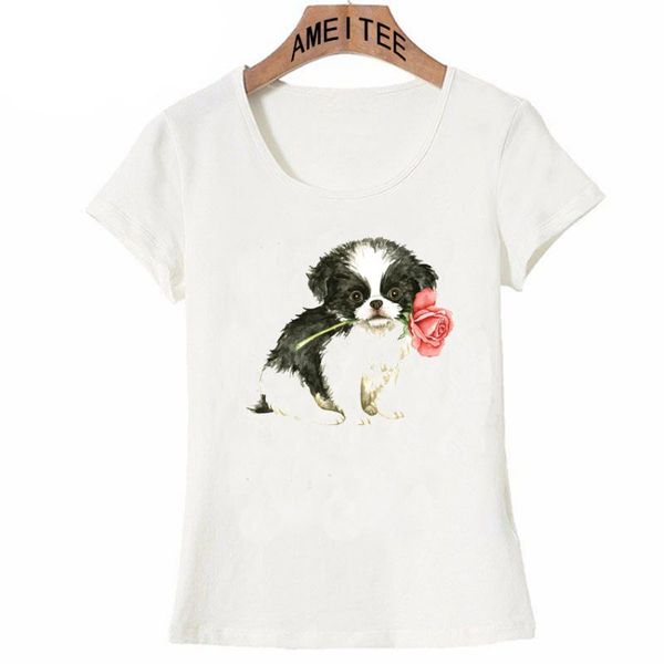 

2020 new fashion women t shirts summer valentine rose japanese chin dog print t-shirt woman casual novelty female tee, White