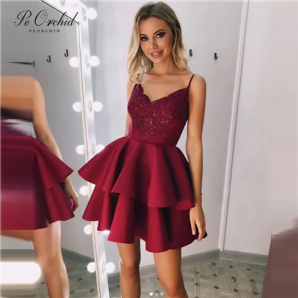 

peorchid 2020 burgundy short prom dress dress lace applique satin a line mini vestido festa curto party gown for homecoming, White;black