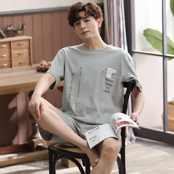 

men's sleepwear summer men pullover pajamas large size short sleeve shorts pure cotton thin homewear set, Black;brown