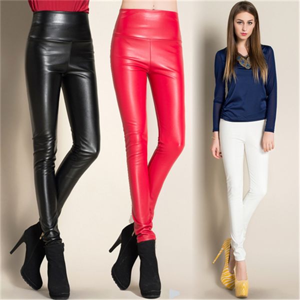 

autumn and pencil leather pantswinter large size plus velvet pu leggings high waist tight leather pants women's trousers pencil pants, Black;white