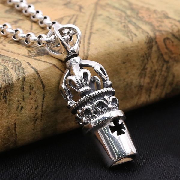 

Punk style 925 sterling silver handmade designer jewelry antique silver American crown whistle necklace pendants without chain for men women