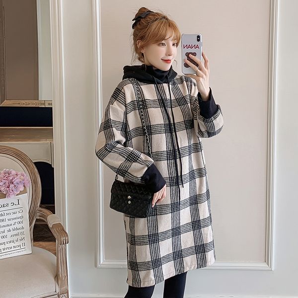 

winter long lantern sleeve pregnant women fleece dress hooded turtleneck plaid woolen dress preppy style maternity autumn, White