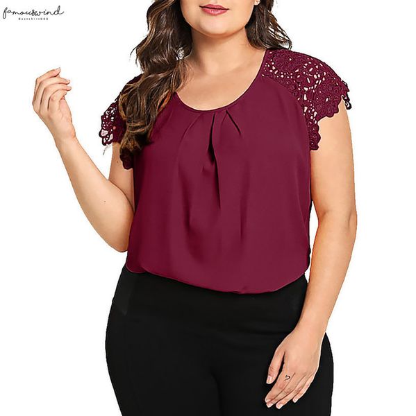 

plus size blouse fashion women solid o neck floral shirt women lace shoulder shirt blouse large cap sleeve size loose, White