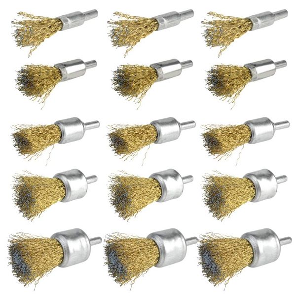 

15 pack wire wheel cup brush set with 1/4 inch round shank, 5 sizes brass coated wire drill brush for paint removal project/corr