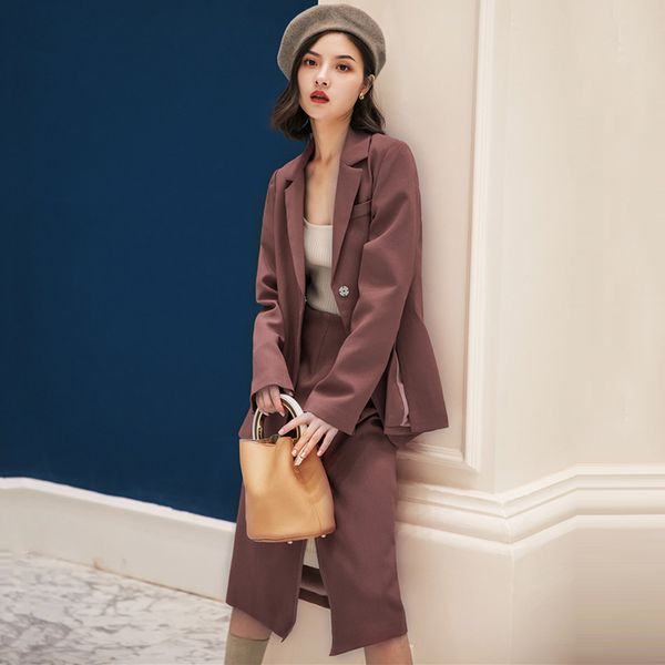 

2020 rust red 2 piece set women turn down collar single button blazer & split skirt twinset ladies elegant style twopiece, Gray