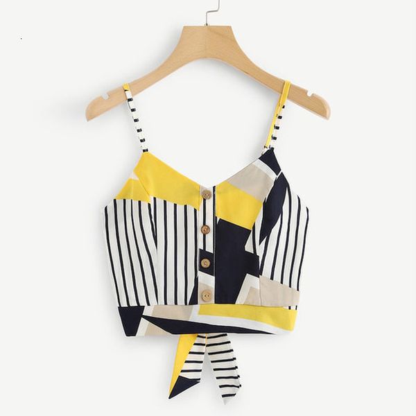 

womens striped crop bow tie back v neck tank ladies camisoles button splice stripe crop cami haut femme 2020, White