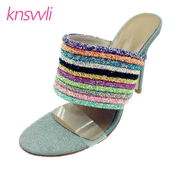 

women slippers high heels 11 cm shiny stripe mixed color pvc mules summer shoes ladies thin heels sandals woman party shoes, Black