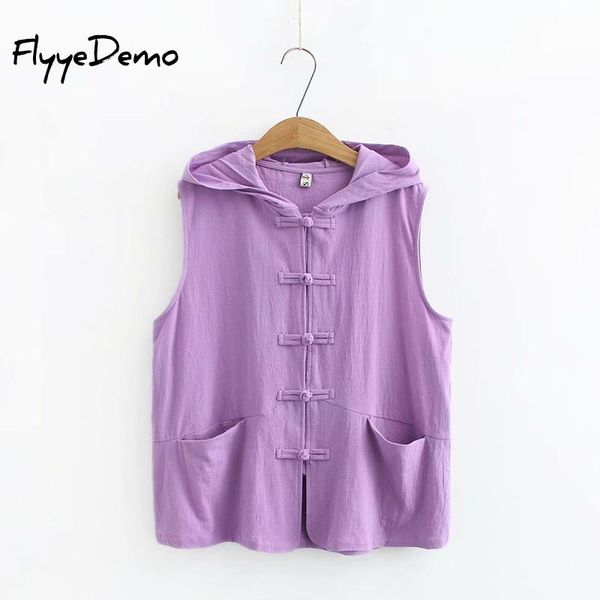 

women's tanks & camis 2021 spring summer t shirt women sleeveless cotton hoodie chinese style pockets loose ladies tees plus size, White