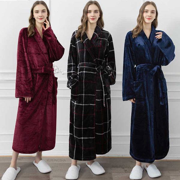 

women big size winter flannel plaid bathrobe thicken warm kimono thermal bath robe men plus size dressing gown robes xl-3xl, Black;red