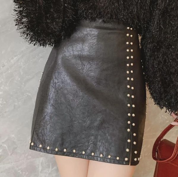 

korean clothes solid zipper rivet mini skirts womens 2020 new spring autumn fashion pu leather skirt jupe femme b9d102, Black