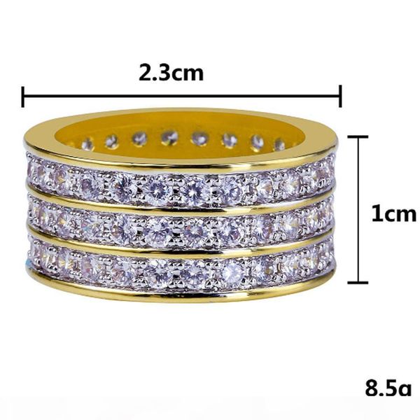 

o luxury 3 row micro pave cz 360 eternity gold bling bling rings 18k gold plated mens simulated diamonds hip hop ring, Golden;silver