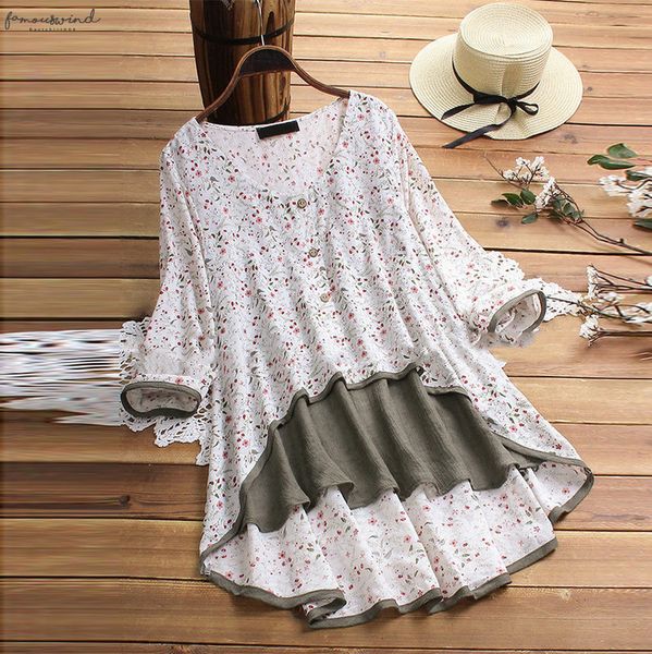 

plus size fashion casual linen floral print long blouse irregular loose tee female womens long sleeve shirt blusas pullover, White