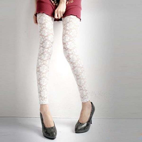 

women's leggings womens wet look gothic lace floral rose sheer low waist slim see-through pants, Black