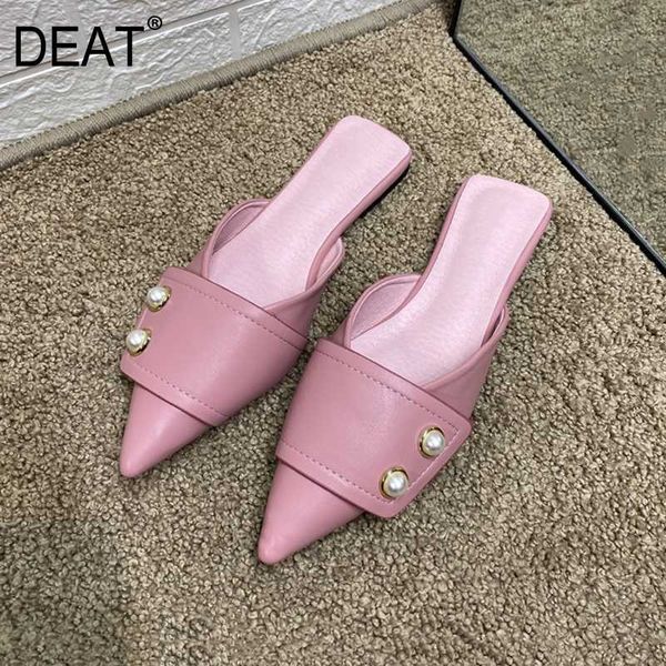 

[deat] 2020 new spring summer pointed toe shallow pearls pu leather spliced flat outdoor slippers women shoes fashion 10h645, Black