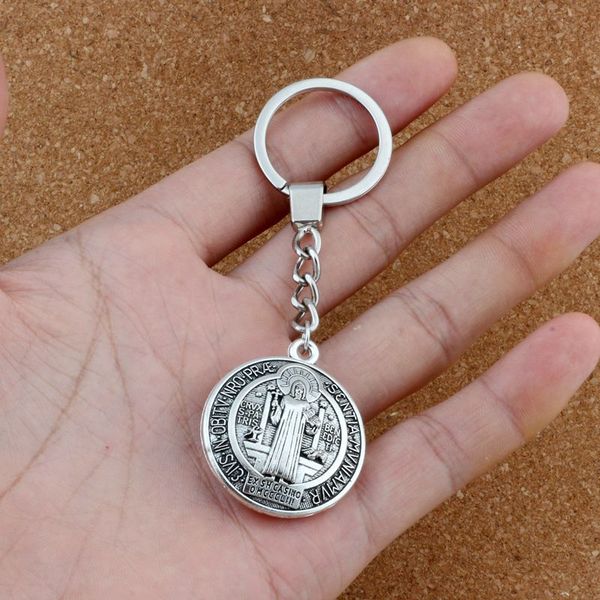 

25pcs/lots keychain 3d benedict cross round alloy religion charms pendants key ring travel protection diy jewelry a-553f, Silver