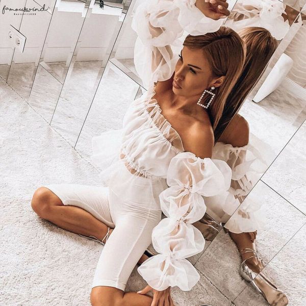 

new women 2020 off shoulder ruffles organza blouses long puff sleeve mesh sheer crop shirt off shoulder short blouse, White