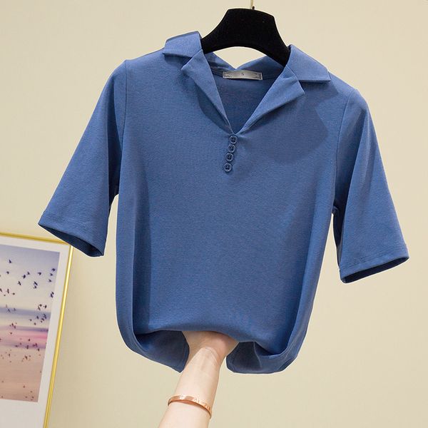 

group clothing 2020 summer dress lapel design simple solid color high elasticity short sleeve female t-shirt top, White