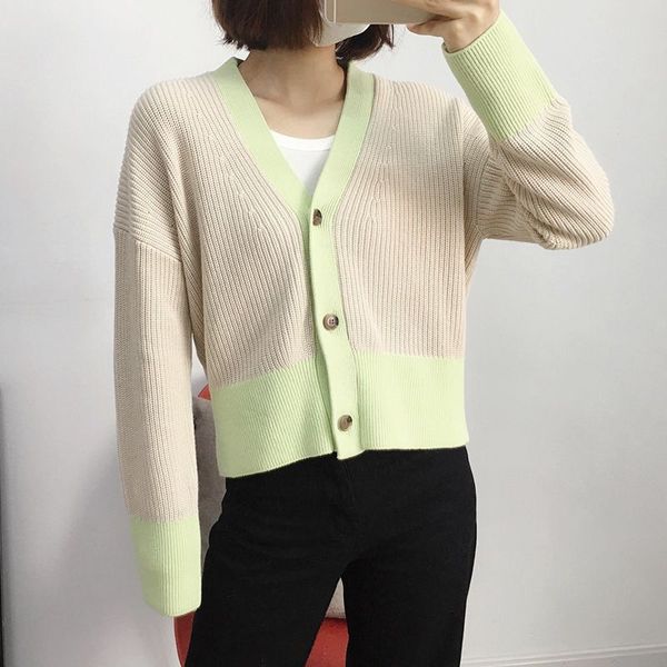 

2020 spring women v-neck cardigan lady long sleeve jacquard single-breasted short coat female color patchwork knitwear top, White
