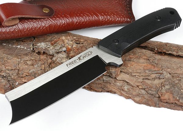 Hochwertiges Freewolf Outdoor Survival Gerades Messer 9Cr18 Satinklinge Full Tang G10 Griff Feststehende Messer mit Lederscheide