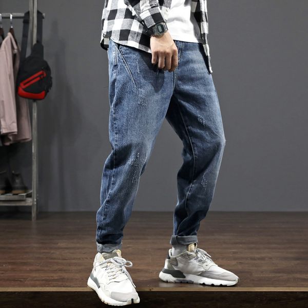 

japanese fashion men jeans loose fit spliced designer ripped harem pants streetwear hip hop jeans men vintage wide leg trousers, Blue