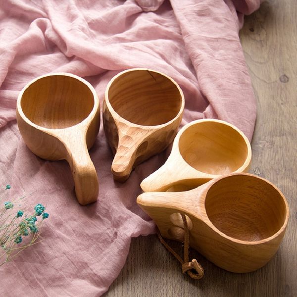 

nordic style 4 kinds rubber wood cups with handle kuksa wooden coffee mugs with rope two holes handmade portable drinking tea water bottles