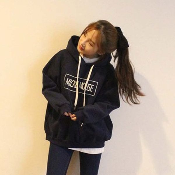 

korean cartoon printed sweater autumn and winter thickened warm warm hoodie hooded sweater 2020 new hoodie, Black