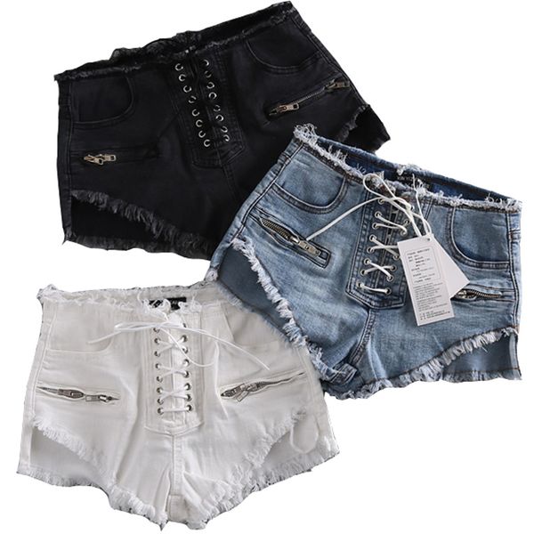 

women's shorts summer women high waisted tassel elastic lace up bandage pants denim short black ripped jeans, White;black