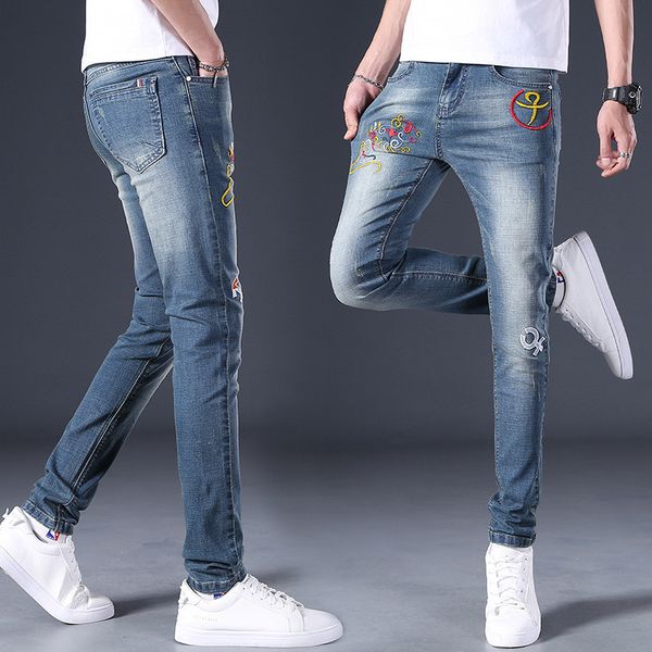 

ymwmhu animal embroidery jeans men fashion summer and autumn denim trouser tiger monkey chinese style male pants slim jean, Blue