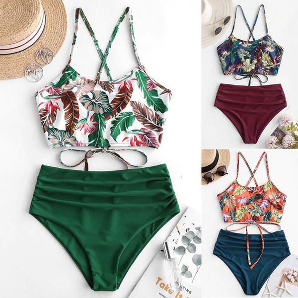 

2020 womens bohemian flower swimsuit summer polyester bikini set high waist wire swimwear print green swimsuit 3, White;black