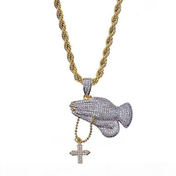 

k prayer hand necklace jewelry for men fashion brand pendant necklaces gold plated bling cubic zirconia ice out jesus cross necklace, Silver