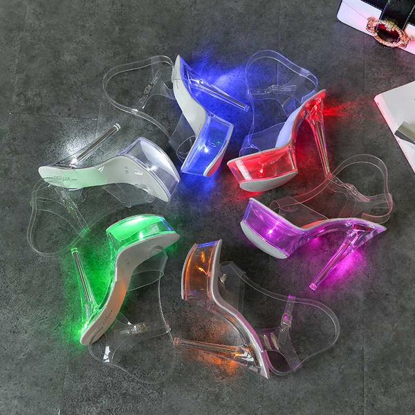 

light up glowing shoes woman luminous clear sandals women platform shoes clear high heel transparent stripper wedding, Black