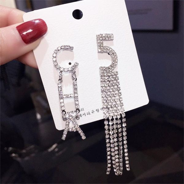 

2020 fashion new diamond diamond cha number 5 letter asymmetric earrings tassel silver needle female earrings