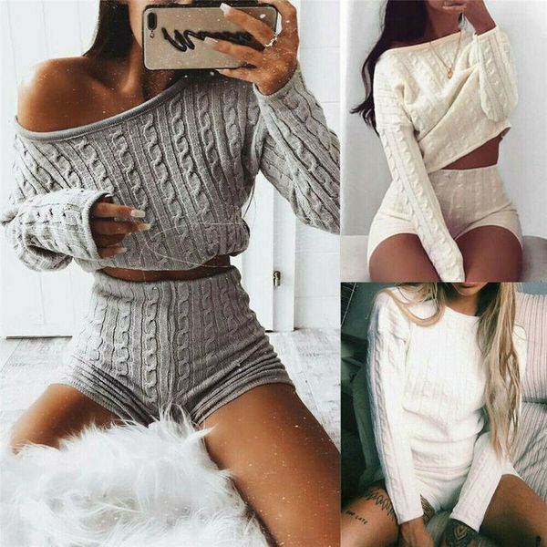 

hirigin women sweater suits autumn winter knitted tracksuit sweater+short jumper women 2 pieces set knitwear sporting suit, Gray
