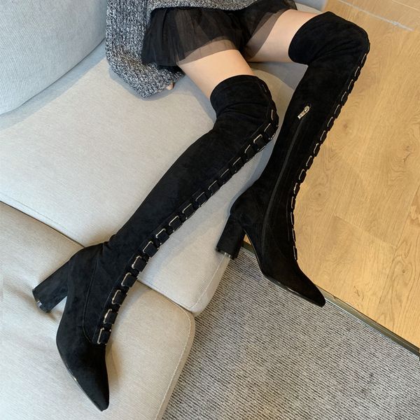 

suede leather women boots long spring autumn warm thigh high genuine leather boots party shoes woman over the knee, Black