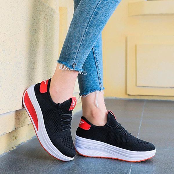 

2020 fashion women mesh casual shoe soft bottom rocking shoe lace up student working sneakers exquisito zapatillas l*5, Black