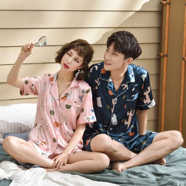 

bmiop v-collar clothes home furnishing clothing couple short-sleeved pajamas thin ice silk korean style home clothes cute fashion two-piece, Blue;red