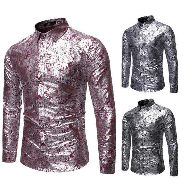 

2020blouse men's fashion casual long sleeve dress bronzed sequinshirts for men winter shirt stand collar french cuff dress shirt, White;black