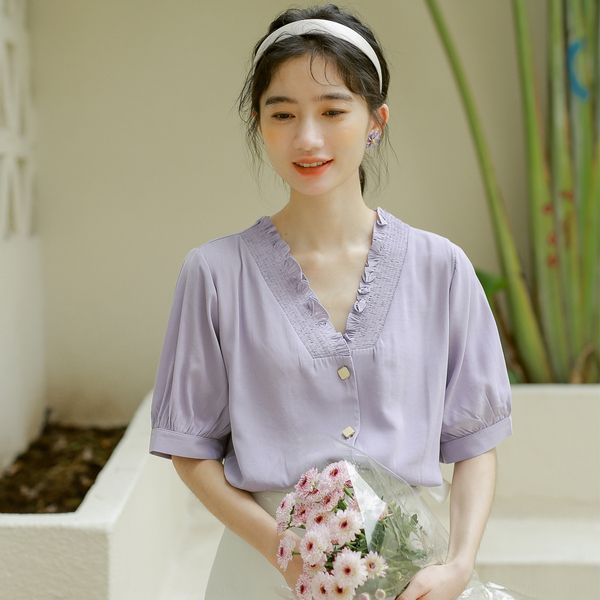 

женская шифон 2020 лето во французском стиле ниша деревянной уха v-образного вырез свободного пузыря рукав рубашка случайной рубашка с корот, White