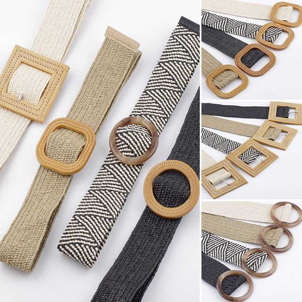 

summer elastic imitate woven straw women belt waistband square buckle adjustable woven-straw bohe style beach dress lady belts, Black;brown