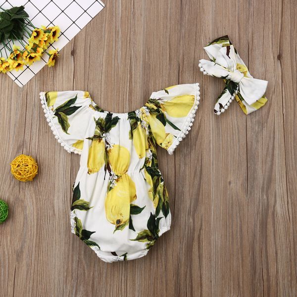 

2019 new fashion baby girl clothes lemon print off shoulder bodysuits bow sunsuit headband 2pcs outfits, Blue