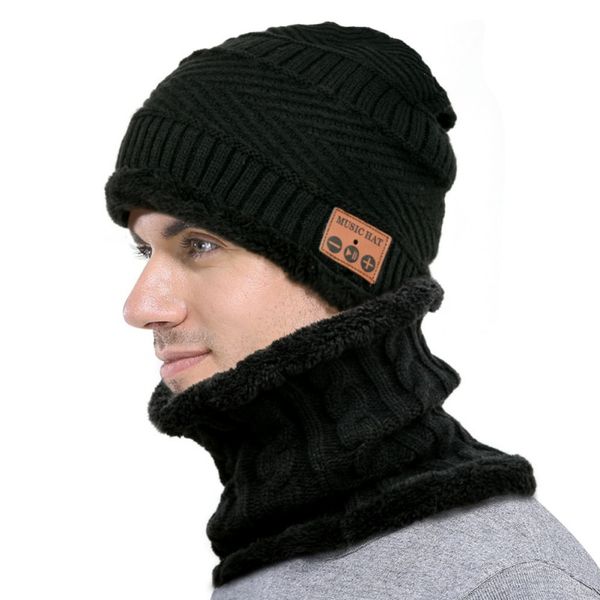 

wireless bluetooth music beanie wireless headphones hat and scarf set for winter outdoor men women warm knitted hat, Black