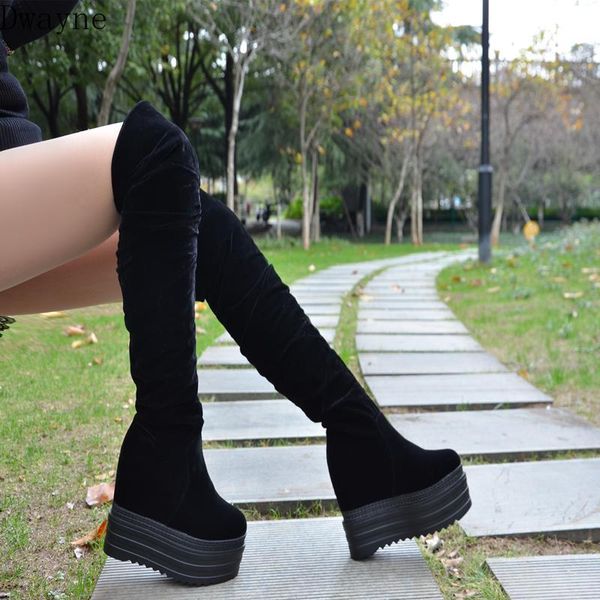 

2020 winter new within increase over-the-knee boots 13cm super high heel long boots womens suede stretch wedges high, Black