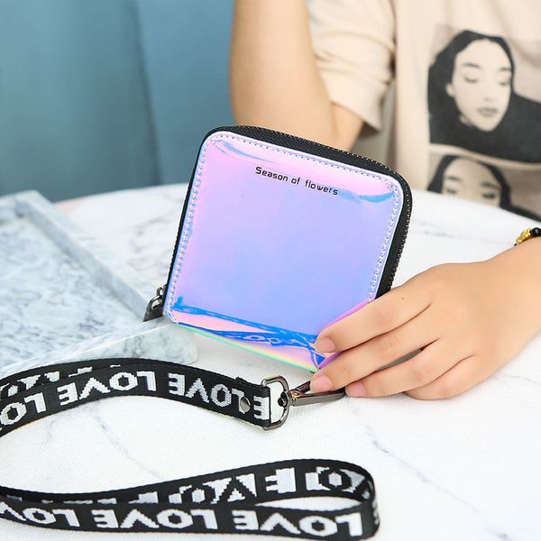 

new lanyard laser holographic wallet women wallets lady short purse portfel card holder women's small wallet coin purse carteras, Red;black