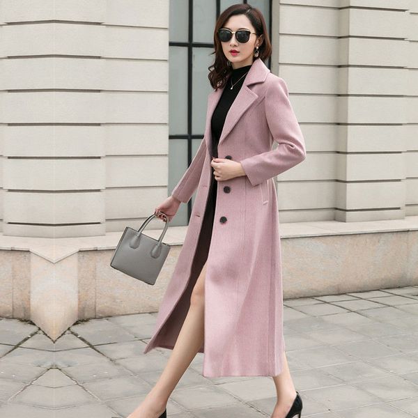 

women's wool & blends fairyshely vintage woolen coat 2021 women autumn winter large size female long section office lady belt elegant 3, Black