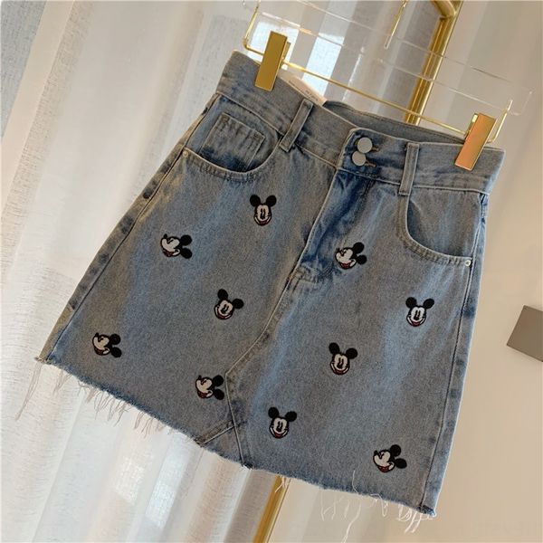 

season new korean cartoonhead embroidery high waist a- shaped slim all-match embroidered denim skirt washed denim skirt fashion, Black