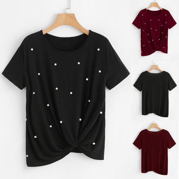 

20 fashion women short sleeve o neck pearl embellished tee tie t shirt casual summer for fashion t shirt, White